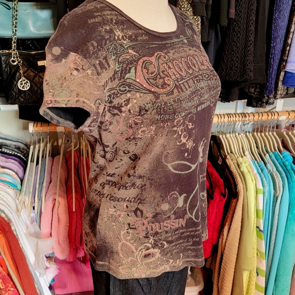 APT 9 ♡ Super-Sweet Brown 'n Tan Cotton Embellished Bling CHOCOLATE Shirt S - Picture 10 of 16